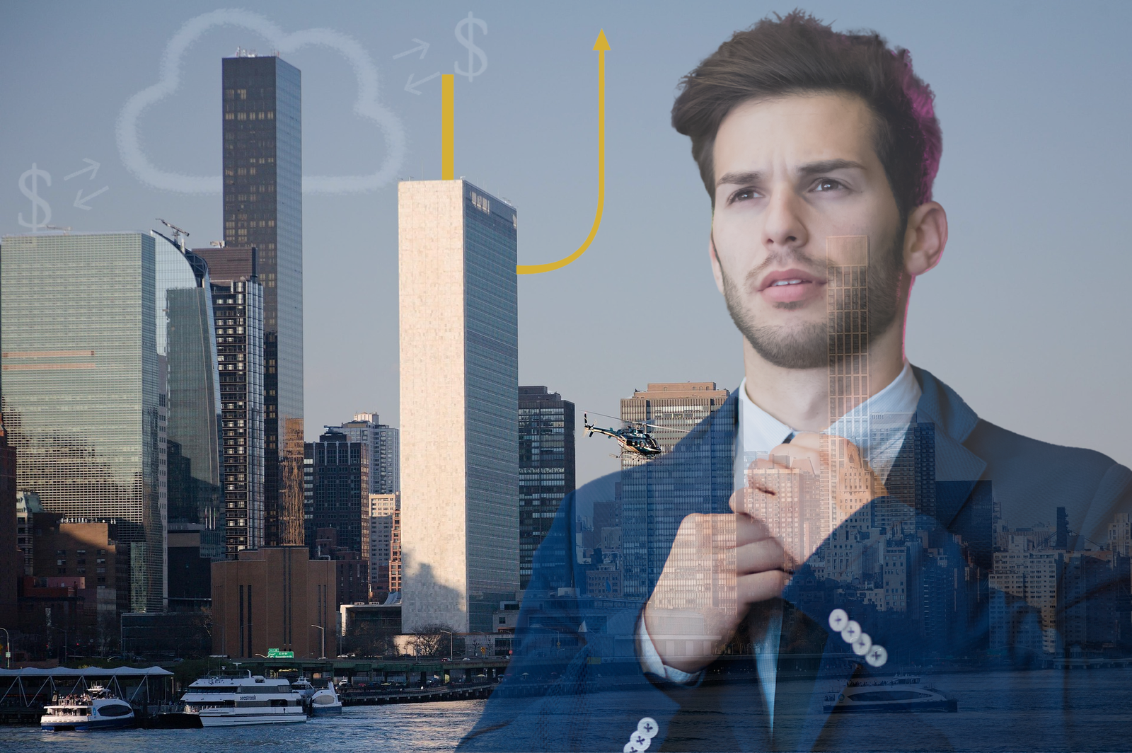 Ejecutivo ajustándose la corbata con fondo de ciudad y gráficos de crecimiento financiero, simbolizando estrategias para fortalecer las finanzas empresariales.